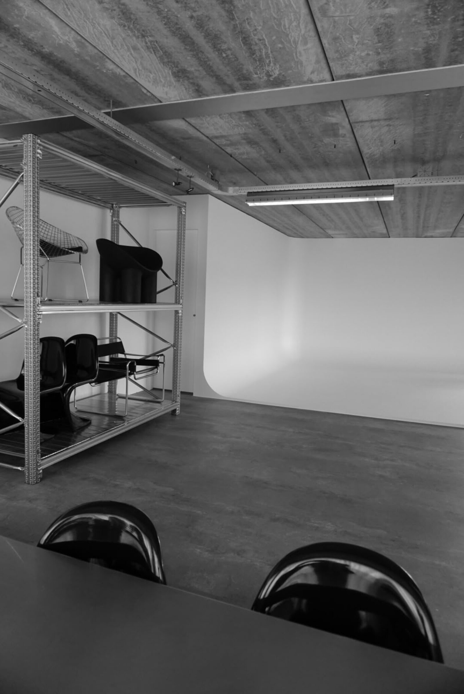 Studio racking beside the cyclorama wall